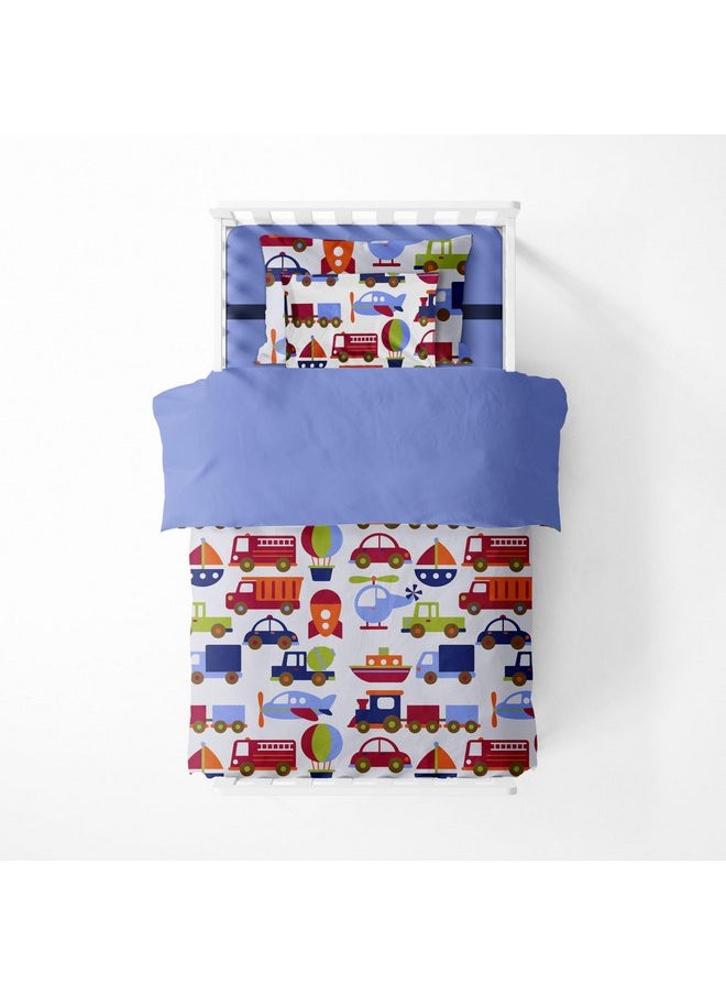 Bacati - Transportation Blue 4 Piece Boys Toddler Bedding Set 100 Percent Cotton Includes Reversible Comforter, Fitted Sheet, Top Sheet, and Pillow Case for Boys