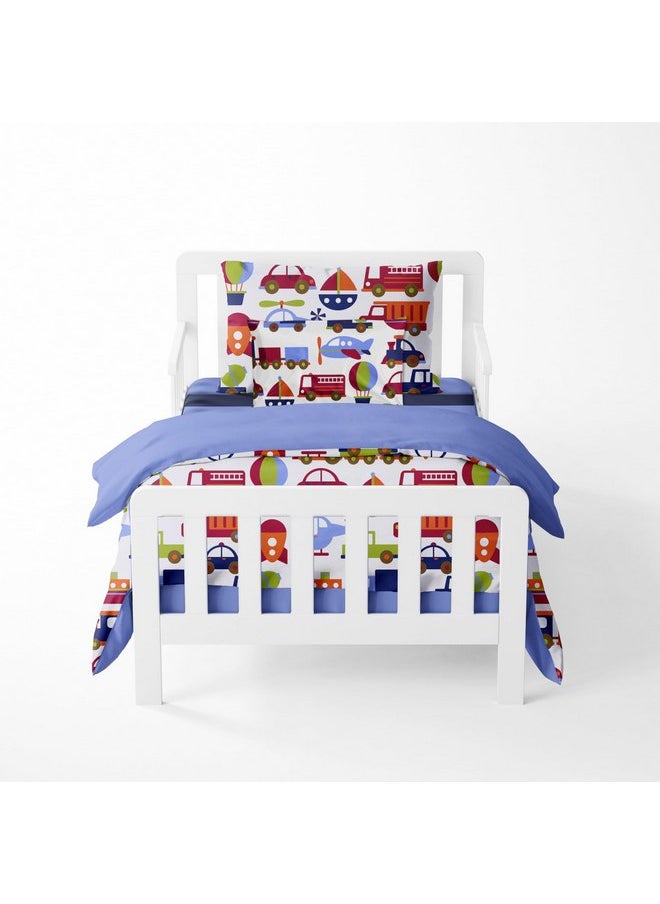 Bacati - Transportation Blue 4 Piece Boys Toddler Bedding Set 100 Percent Cotton Includes Reversible Comforter, Fitted Sheet, Top Sheet, and Pillow Case for Boys