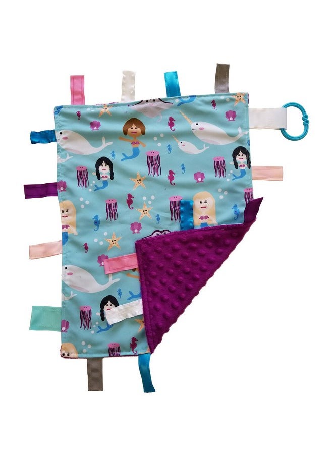 Baby Sensory, Security & Teething Closed Ribbon Tag Lovey Blanket with Minky Dot Fabric: 14”X18” (Mermaids and Narwhals)