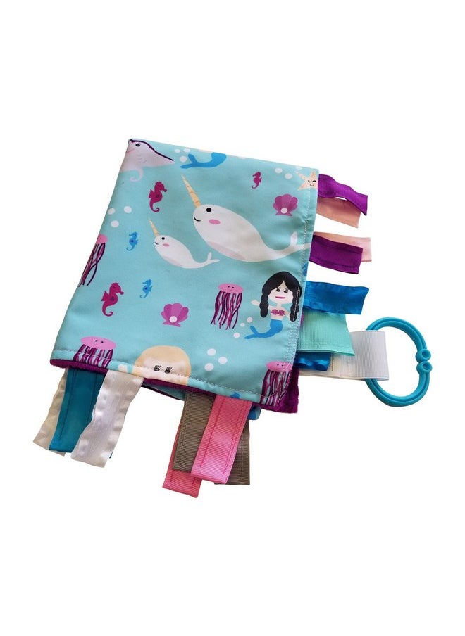 Baby Sensory, Security & Teething Closed Ribbon Tag Lovey Blanket with Minky Dot Fabric: 14”X18” (Mermaids and Narwhals)