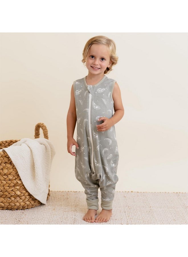 Owlivia 1.0 Tog 100% Organic Cotton Baby Sleeping Bag with Feet Toddler Sleeping Bags with Legs Sleeveless Wearable Blanket(1.0tog Green Feather,2 Years-80)