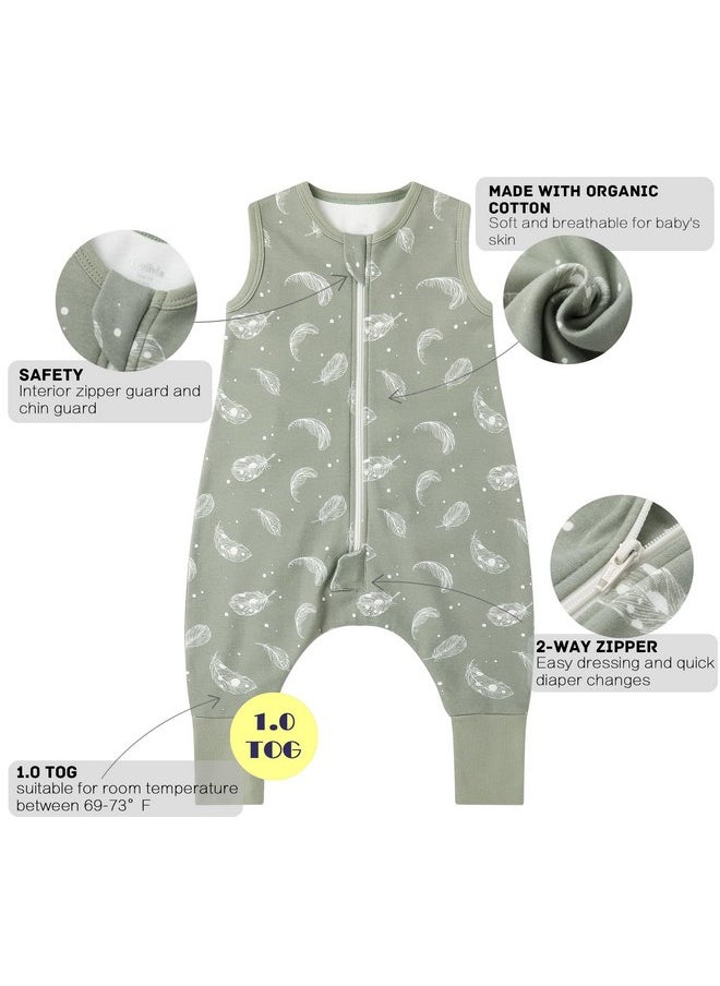 Owlivia 1.0 Tog 100% Organic Cotton Baby Sleeping Bag with Feet Toddler Sleeping Bags with Legs Sleeveless Wearable Blanket(1.0tog Green Feather,2 Years-80)