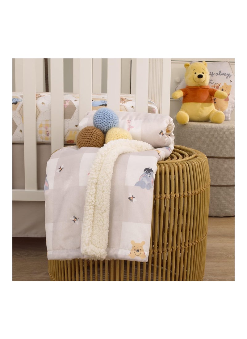 Disney Winnie The Pooh Hugs And Honeycombs Baby Blanket, Grey And White