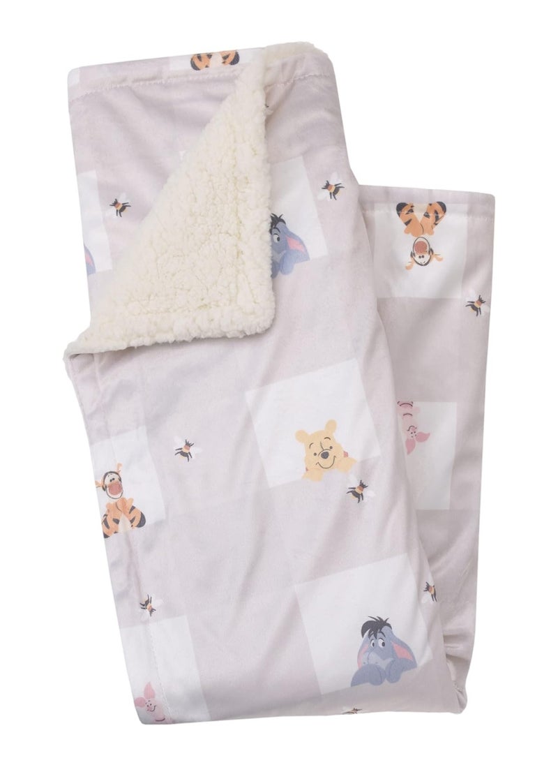 Disney Winnie The Pooh Hugs And Honeycombs Baby Blanket, Grey And White