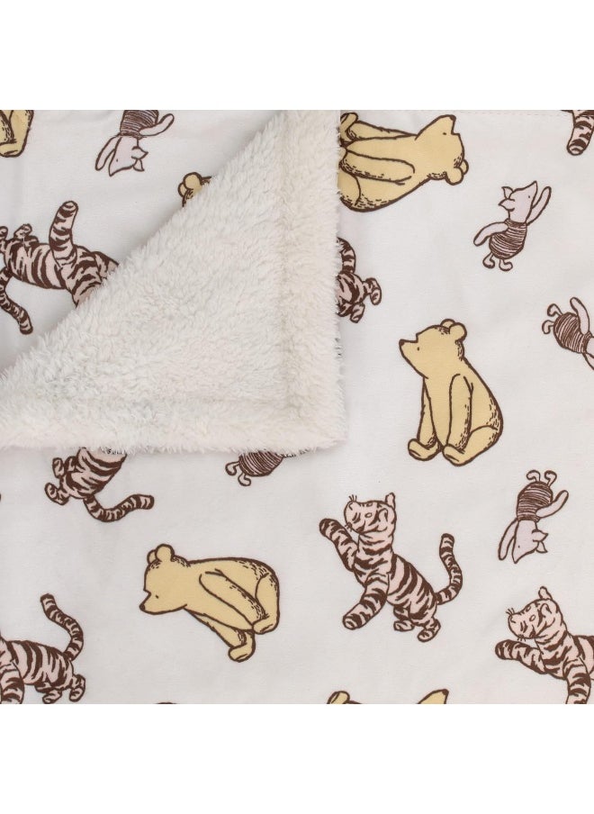 NoJo Disney Classic Pooh Hunny Fun with Piglet and Tigger White and Taupe Super Soft Baby Blanket