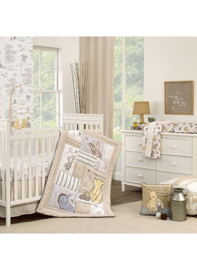 NoJo Disney Classic Pooh Hunny Fun with Piglet and Tigger White and Taupe Super Soft Baby Blanket