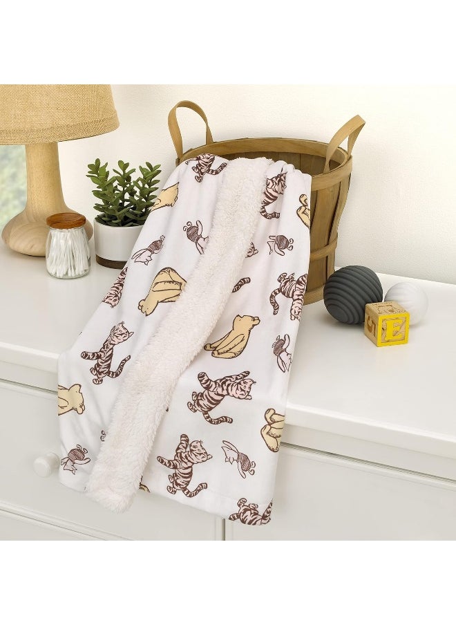 NoJo Disney Classic Pooh Hunny Fun with Piglet and Tigger White and Taupe Super Soft Baby Blanket