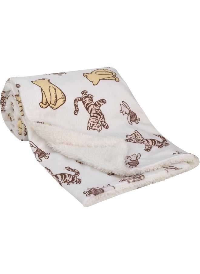 NoJo Disney Classic Pooh Hunny Fun with Piglet and Tigger White and Taupe Super Soft Baby Blanket