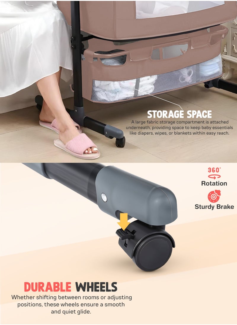 Baybee Premium Baby Bedside Crib Cradle With Height Adjustable Baby Bed with Mattress, Baby Cradle Foldable Bassinet Sleeper Detachable Mosquito Net, Portable Travel Baby Crib for Infant/Newborn-(Beige)
