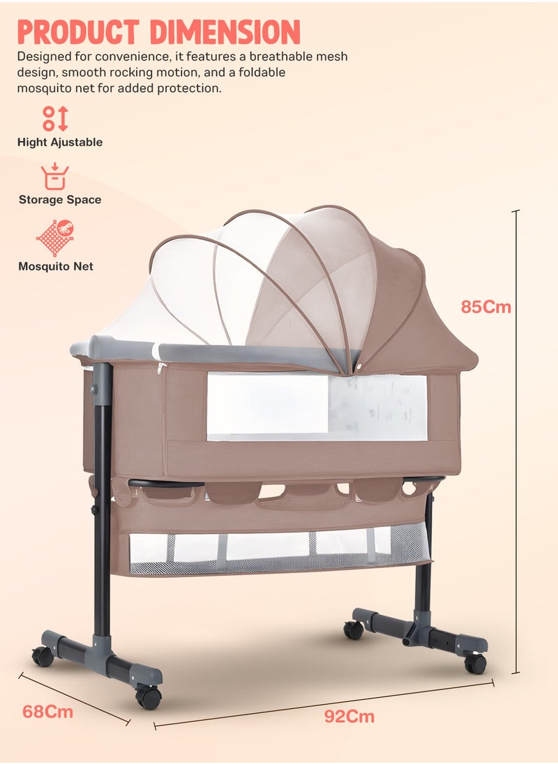Baybee Premium Baby Bedside Crib Cradle With Height Adjustable Baby Bed with Mattress, Baby Cradle Foldable Bassinet Sleeper Detachable Mosquito Net, Portable Travel Baby Crib for Infant/Newborn-(Beige)
