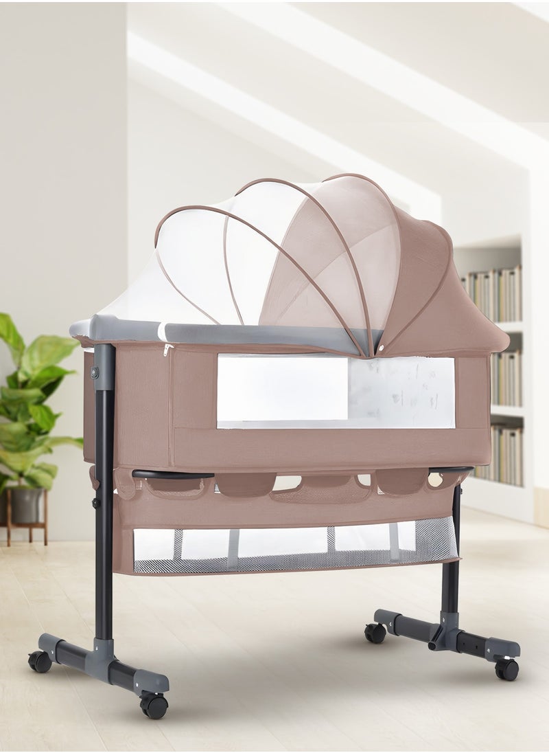 Baybee Premium Baby Bedside Crib Cradle With Height Adjustable Baby Bed with Mattress, Baby Cradle Foldable Bassinet Sleeper Detachable Mosquito Net, Portable Travel Baby Crib for Infant/Newborn-(Beige)