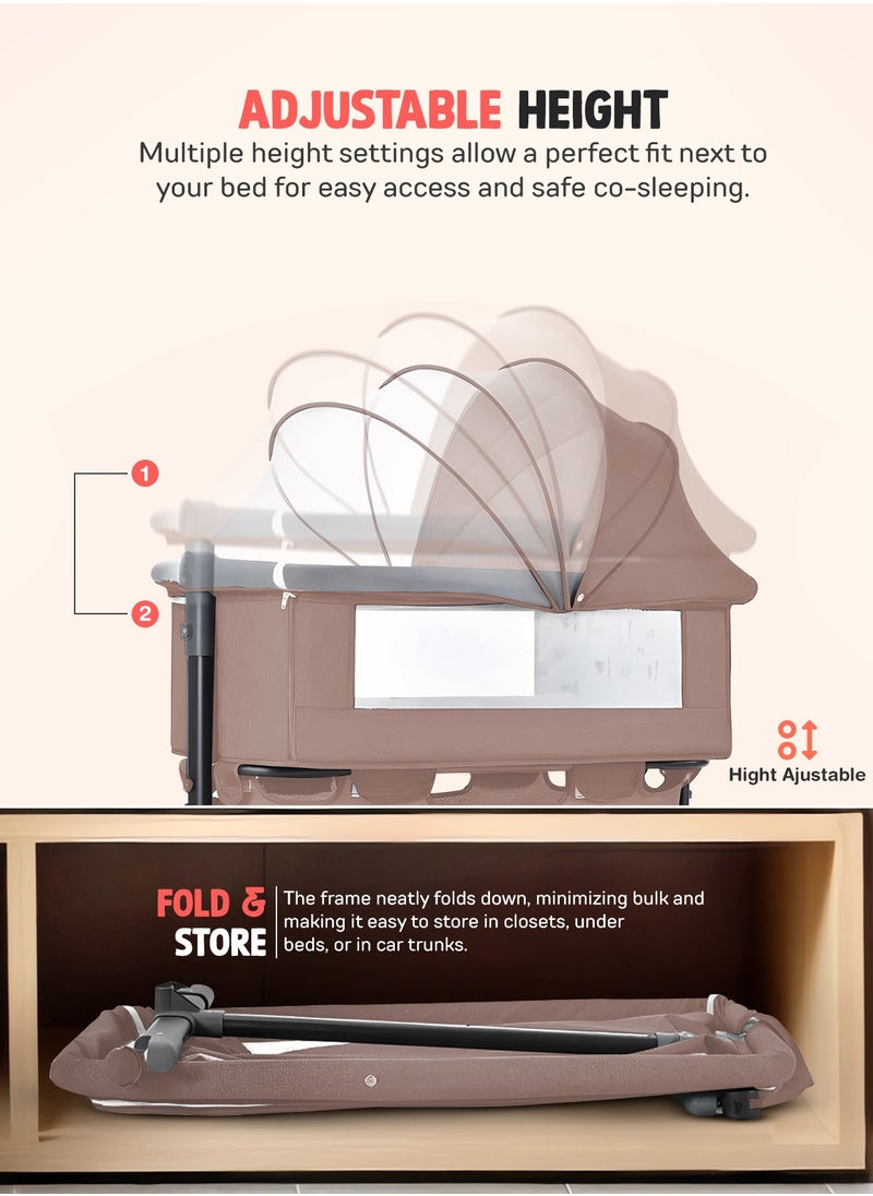 Baybee Premium Baby Bedside Crib Cradle With Height Adjustable Baby Bed with Mattress, Baby Cradle Foldable Bassinet Sleeper Detachable Mosquito Net, Portable Travel Baby Crib for Infant/Newborn-(Beige)
