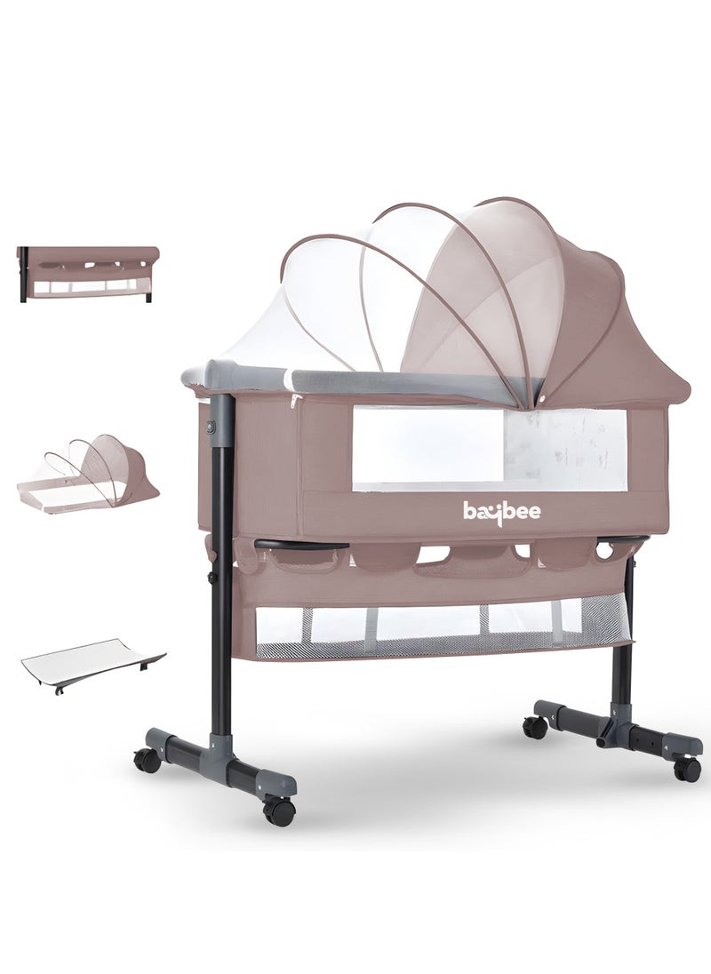 Baybee Premium Baby Bedside Crib Cradle With Height Adjustable Baby Bed with Mattress, Baby Cradle Foldable Bassinet Sleeper Detachable Mosquito Net, Portable Travel Baby Crib for Infant/Newborn-(Beige)