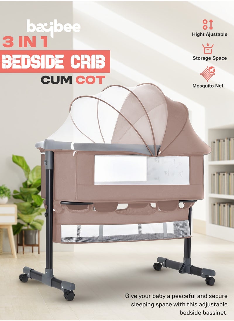 Baybee Premium Baby Bedside Crib Cradle With Height Adjustable Baby Bed with Mattress, Baby Cradle Foldable Bassinet Sleeper Detachable Mosquito Net, Portable Travel Baby Crib for Infant/Newborn-(Beige)
