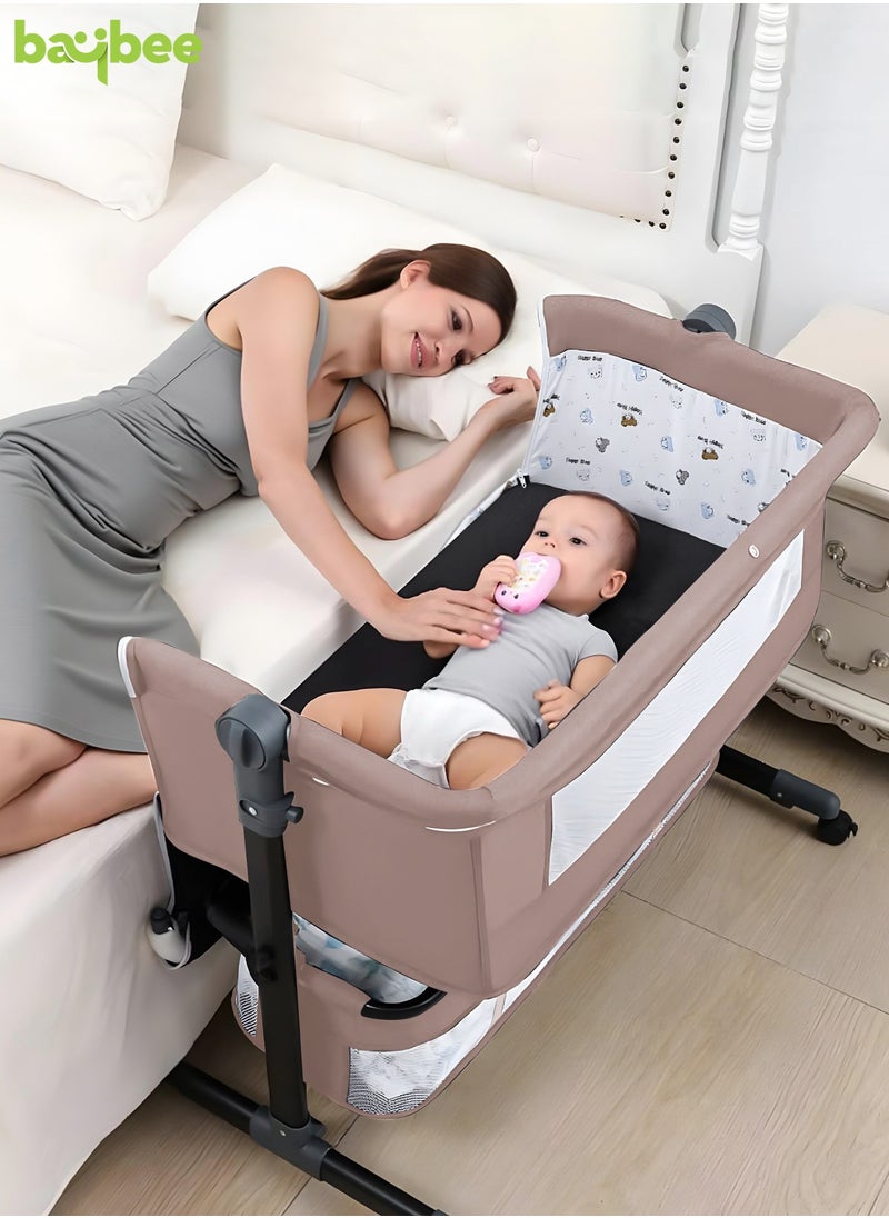 Baybee Premium Baby Bedside Crib Cradle With Height Adjustable Baby Bed with Mattress, Baby Cradle Foldable Bassinet Sleeper Detachable Mosquito Net, Portable Travel Baby Crib for Infant/Newborn-(Beige)