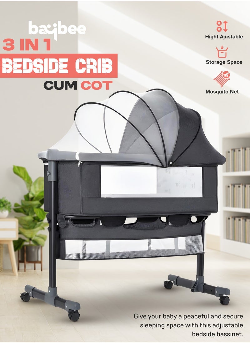 Baybee Premium Baby Bedside Crib Cradle With Height Adjustable Baby Bed with Mattress, Baby Cradle Foldable Bassinet Sleeper Detachable Mosquito Net, Portable Travel Baby Crib for Infant/Newborn-Grey
