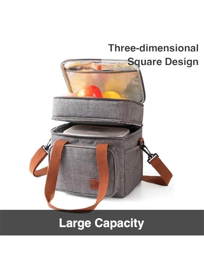 Black Reusable Lunch Bag for Adult Men Women with Shoulder Strap Double Deck Cooler Waterproof Leak Proof Office Picnic