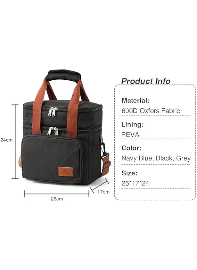 Black Reusable Lunch Bag for Adult Men Women with Shoulder Strap Double Deck Cooler Waterproof Leak Proof Office Picnic