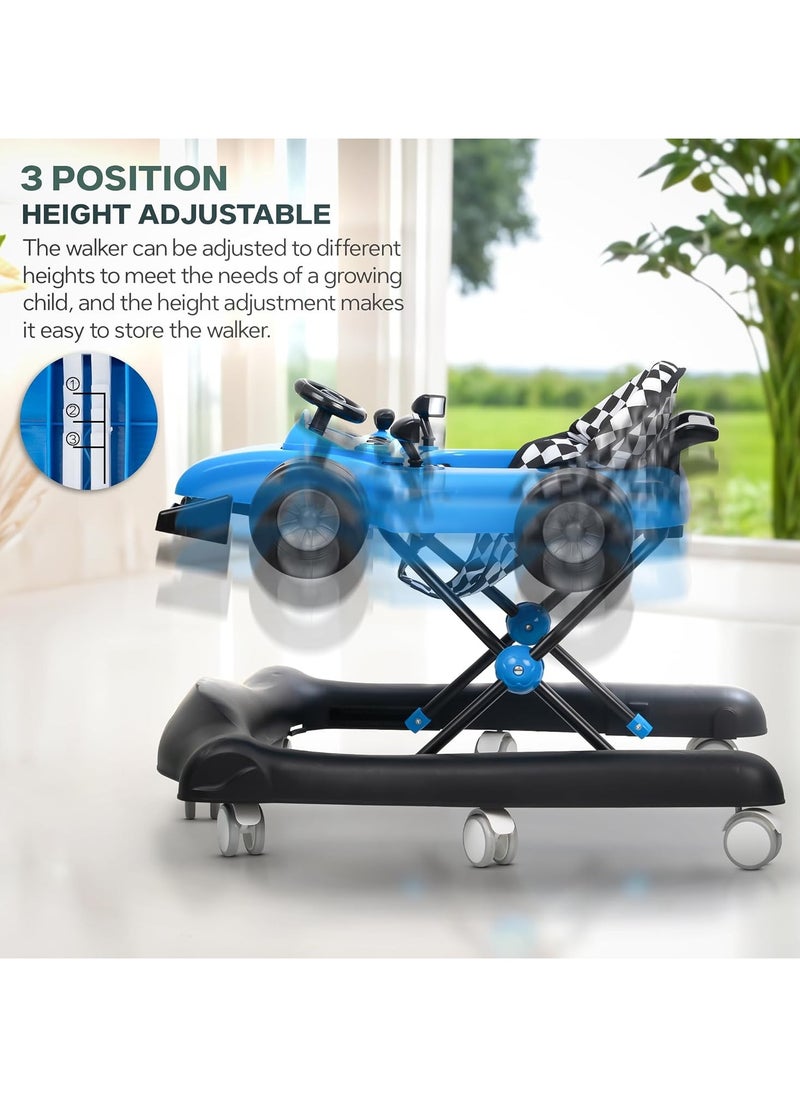 F1 2 in 1 Baby Walker for Kids, Foldable Kids Walker with 3 Position Adjustable Height, Musical Bar & Push Bar Activity Walker for Toddlers Walker for Baby Boy Girl 6 to 18 Months Blue