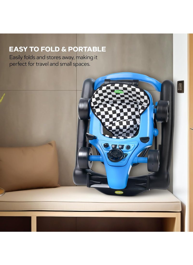 F1 2 in 1 Baby Walker for Kids, Foldable Kids Walker with 3 Position Adjustable Height, Musical Bar & Push Bar Activity Walker for Toddlers Walker for Baby Boy Girl 6 to 18 Months Blue