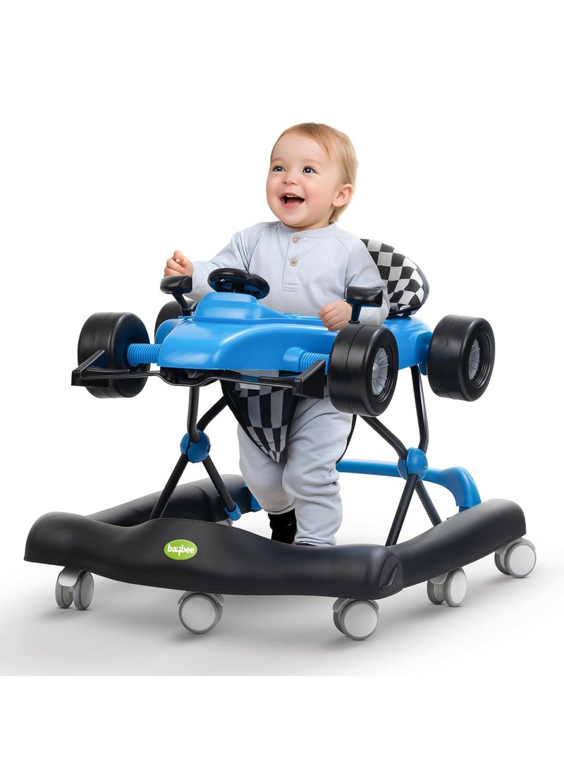 F1 2 in 1 Baby Walker for Kids, Foldable Kids Walker with 3 Position Adjustable Height, Musical Bar & Push Bar Activity Walker for Toddlers Walker for Baby Boy Girl 6 to 18 Months Blue