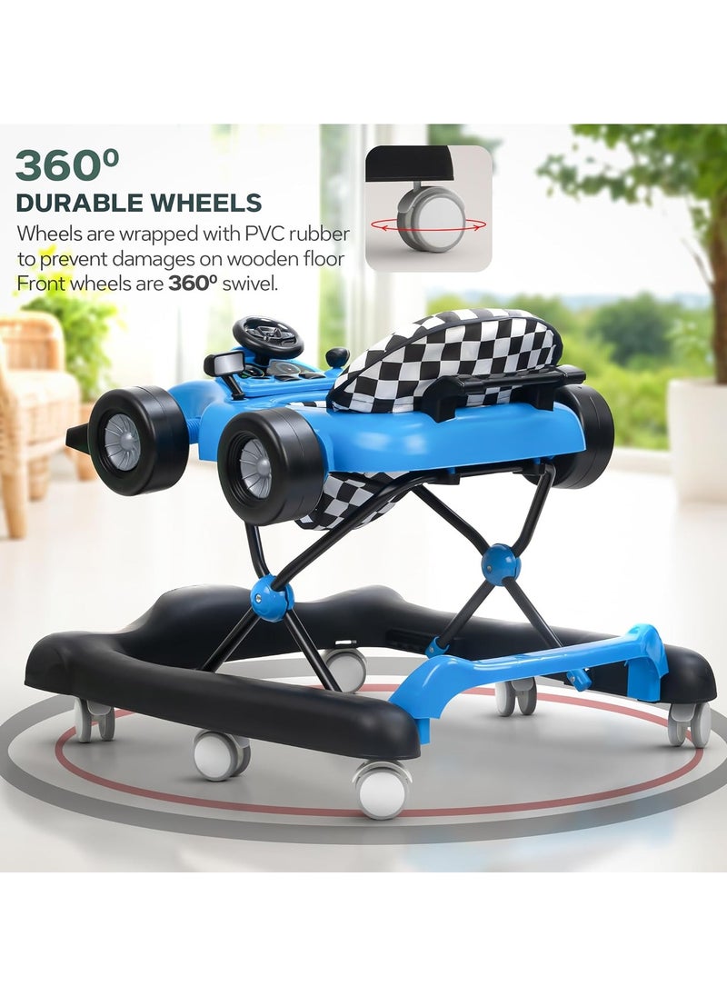 F1 2 in 1 Baby Walker for Kids, Foldable Kids Walker with 3 Position Adjustable Height, Musical Bar & Push Bar Activity Walker for Toddlers Walker for Baby Boy Girl 6 to 18 Months Blue