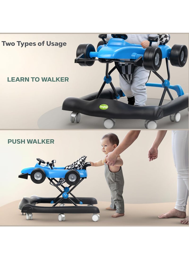 F1 2 in 1 Baby Walker for Kids, Foldable Kids Walker with 3 Position Adjustable Height, Musical Bar & Push Bar Activity Walker for Toddlers Walker for Baby Boy Girl 6 to 18 Months Blue