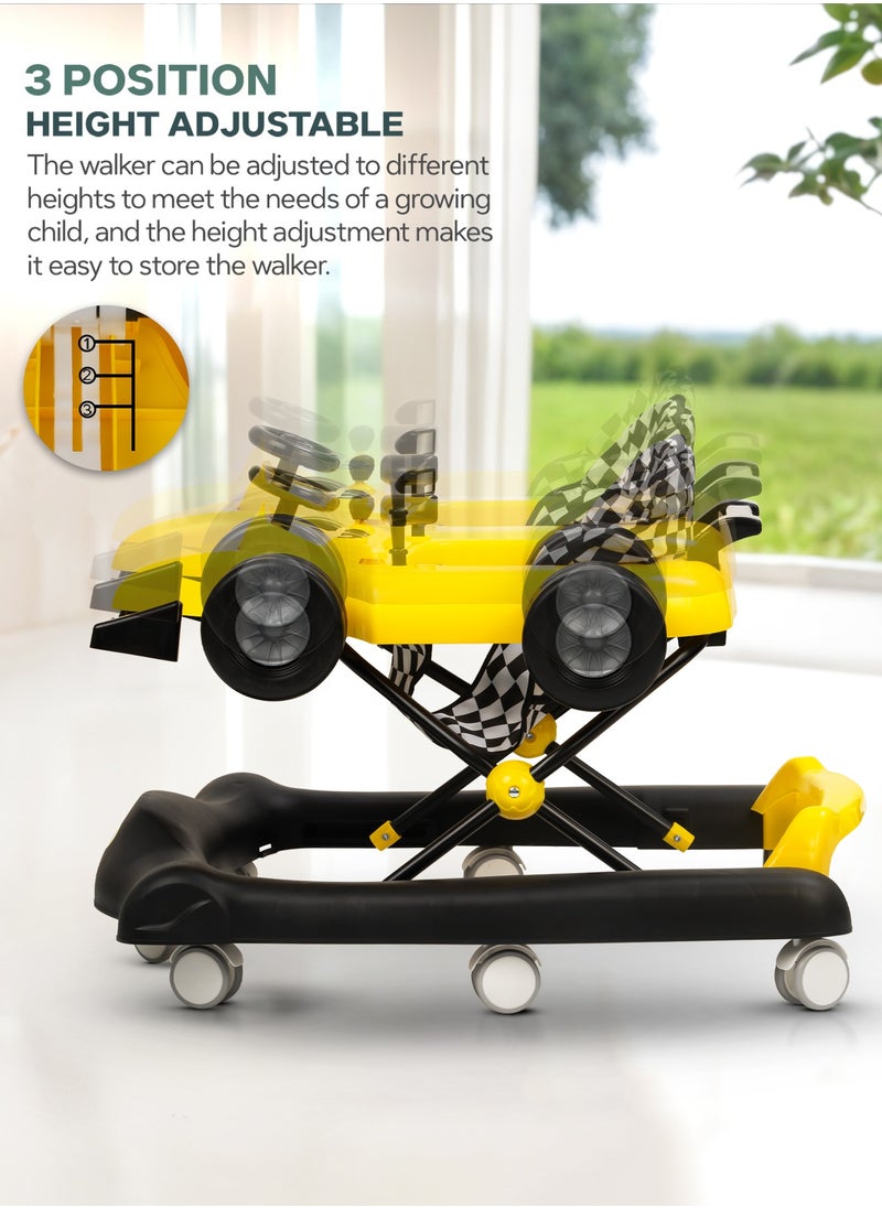 F1 2 in 1 Baby Walker for Kids, Foldable Kids Walker with 3 Position Adjustable Height, Musical Bar & Push Bar Activity Walker for Toddlers Walker for Baby Boy Girl 6 to 18 Months Yellow