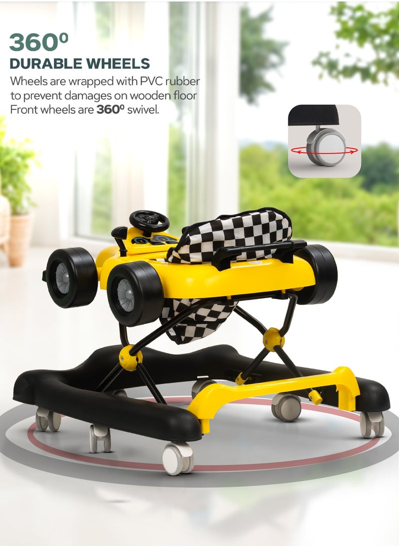 F1 2 in 1 Baby Walker for Kids, Foldable Kids Walker with 3 Position Adjustable Height, Musical Bar & Push Bar Activity Walker for Toddlers Walker for Baby Boy Girl 6 to 18 Months Yellow