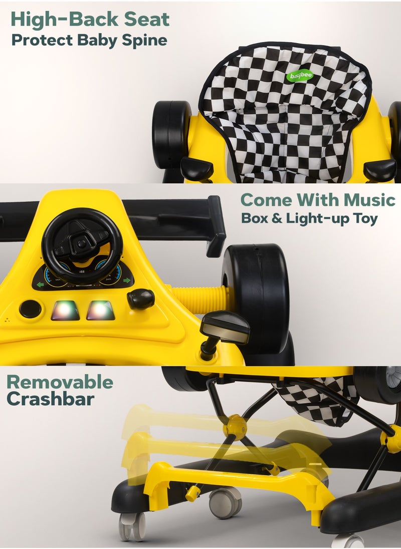 F1 2 in 1 Baby Walker for Kids, Foldable Kids Walker with 3 Position Adjustable Height, Musical Bar & Push Bar Activity Walker for Toddlers Walker for Baby Boy Girl 6 to 18 Months Yellow