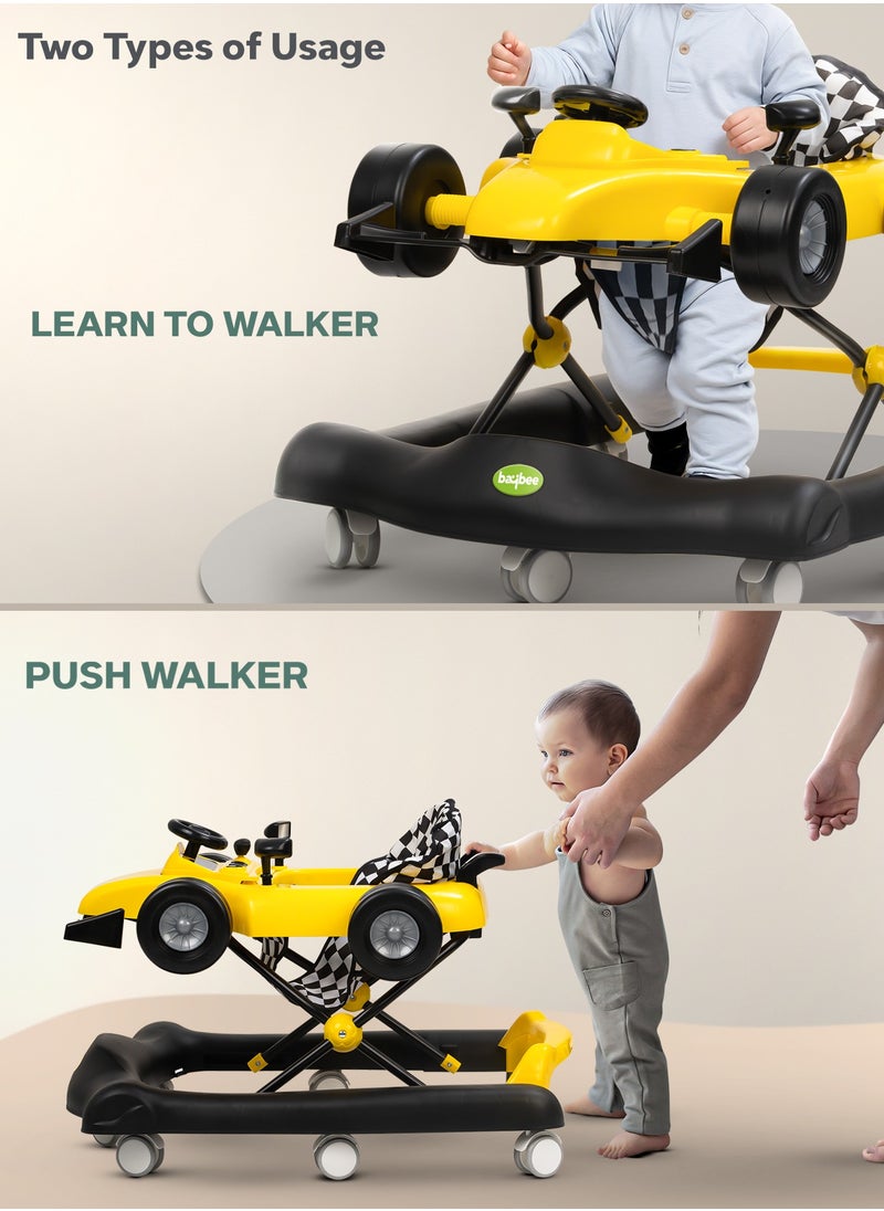 F1 2 in 1 Baby Walker for Kids, Foldable Kids Walker with 3 Position Adjustable Height, Musical Bar & Push Bar Activity Walker for Toddlers Walker for Baby Boy Girl 6 to 18 Months Yellow