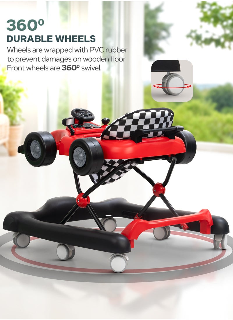 F1 2 in 1 Baby Walker for Kids, Foldable Kids Walker with 3 Position Adjustable Height, Musical Bar & Push Bar Activity Walker for Toddlers Walker for Baby Boy Girl 6 to 18 Months Red