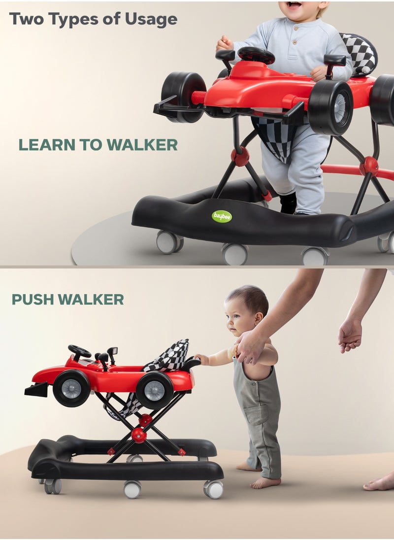 F1 2 in 1 Baby Walker for Kids, Foldable Kids Walker with 3 Position Adjustable Height, Musical Bar & Push Bar Activity Walker for Toddlers Walker for Baby Boy Girl 6 to 18 Months Red