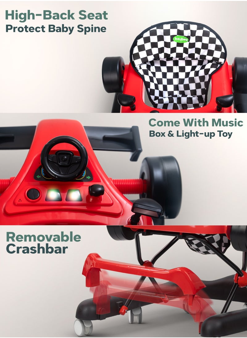 F1 2 in 1 Baby Walker for Kids, Foldable Kids Walker with 3 Position Adjustable Height, Musical Bar & Push Bar Activity Walker for Toddlers Walker for Baby Boy Girl 6 to 18 Months Red