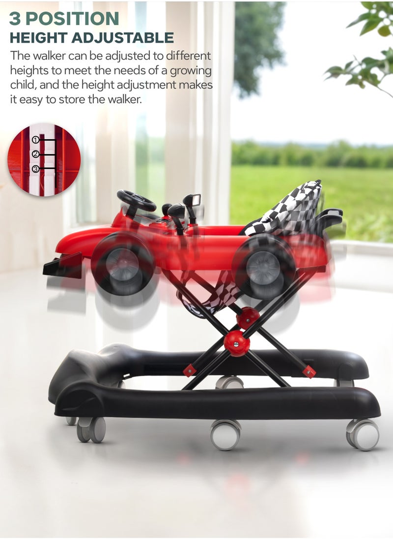 F1 2 in 1 Baby Walker for Kids, Foldable Kids Walker with 3 Position Adjustable Height, Musical Bar & Push Bar Activity Walker for Toddlers Walker for Baby Boy Girl 6 to 18 Months Red