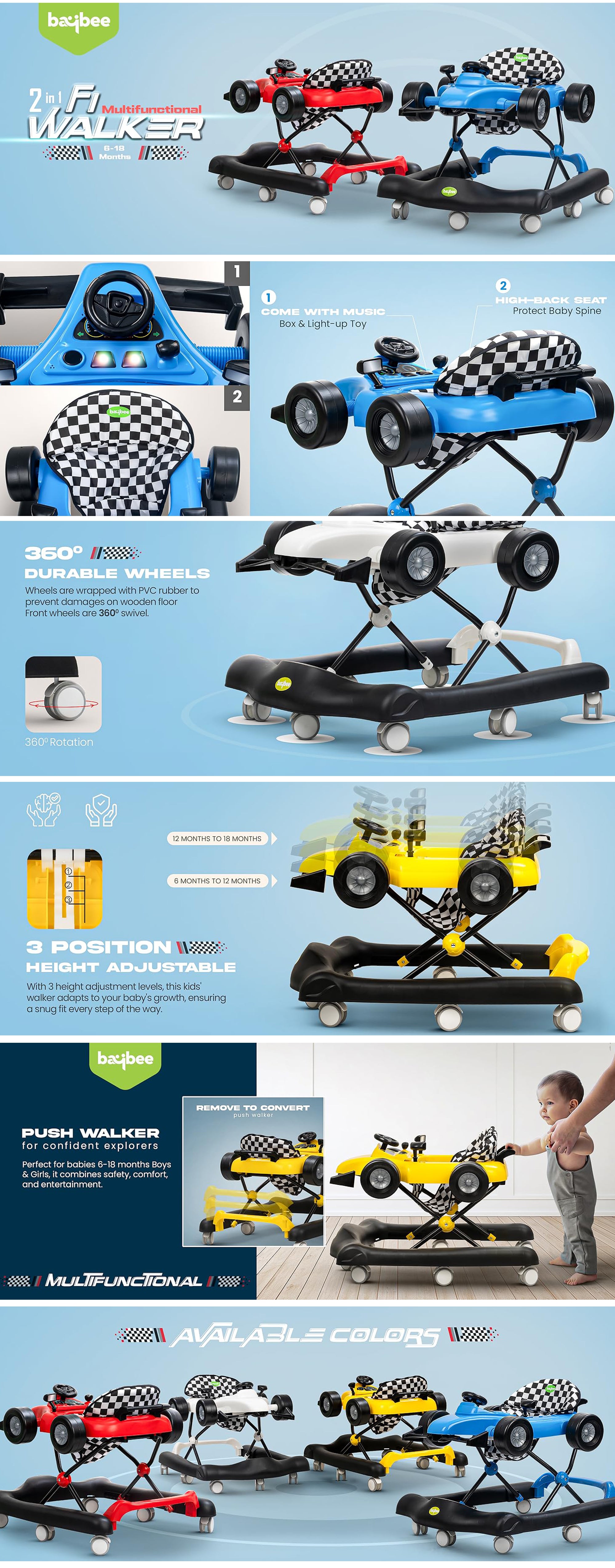F1 2 in 1 Baby Walker for Kids, Foldable Kids Walker with 3 Position Adjustable Height, Musical Bar & Push Bar Activity Walker for Toddlers Walker for Baby Boy Girl 6 to 18 Months Red