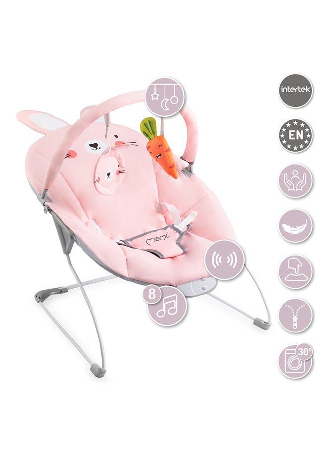 Glossy Baby Bouncer for Babies up to 9 kg, Soft Padding, Metal Frame, Anti-Slip feet, Belt | Weight 1.7 kg, Dimensions 58 x 49 x 53 cm | Sensory Module for Creative Child Support | Bunny