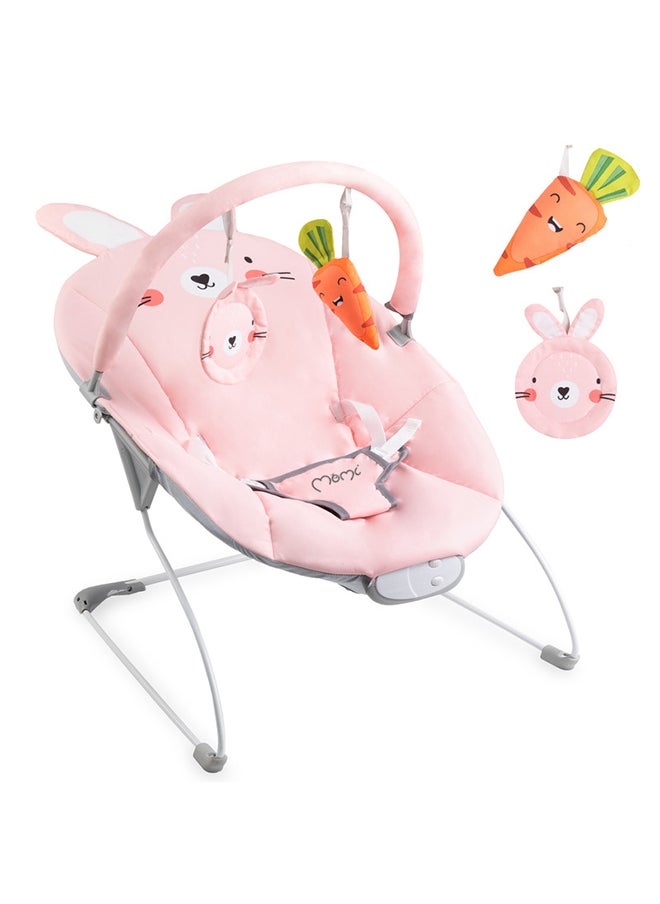 Glossy Baby Bouncer for Babies up to 9 kg, Soft Padding, Metal Frame, Anti-Slip feet, Belt | Weight 1.7 kg, Dimensions 58 x 49 x 53 cm | Sensory Module for Creative Child Support | Bunny