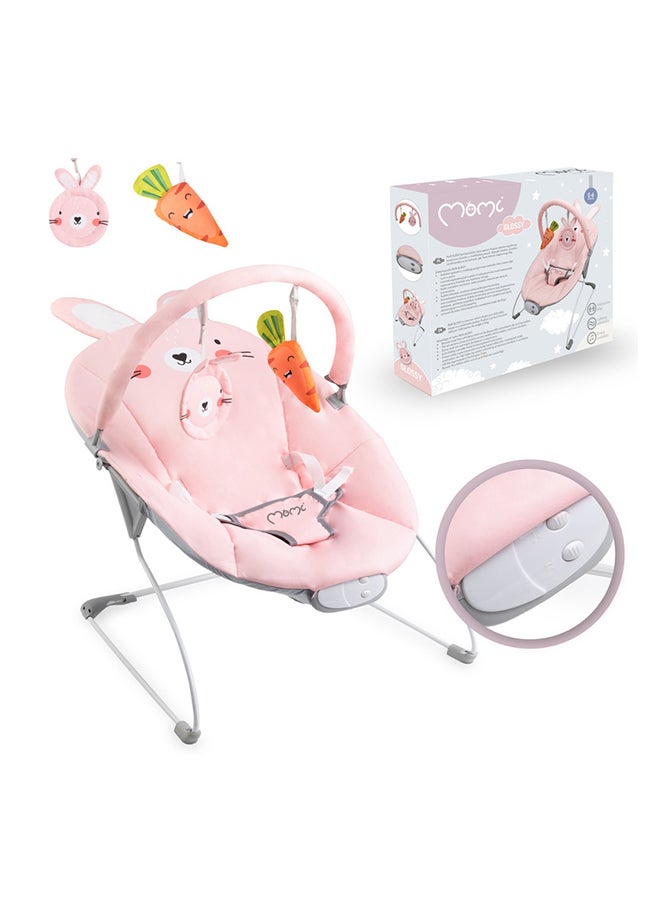 Glossy Baby Bouncer for Babies up to 9 kg, Soft Padding, Metal Frame, Anti-Slip feet, Belt | Weight 1.7 kg, Dimensions 58 x 49 x 53 cm | Sensory Module for Creative Child Support | Bunny