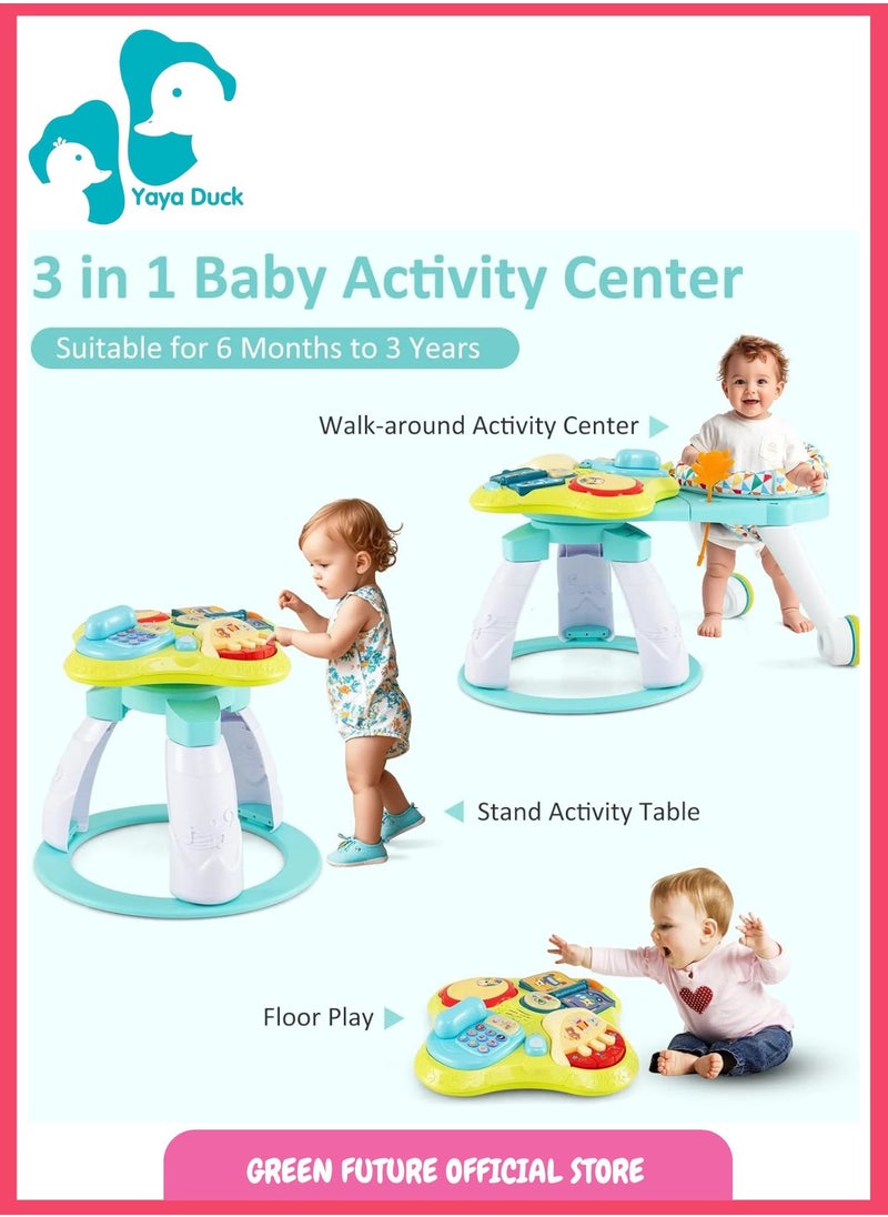 Baby Educational Activity Walker Center | 3-in-1 Baby Rotating Gaming Chair, Stationary Activity Table & Floor Playset | Musical Toy with Lights & Sounds - Green