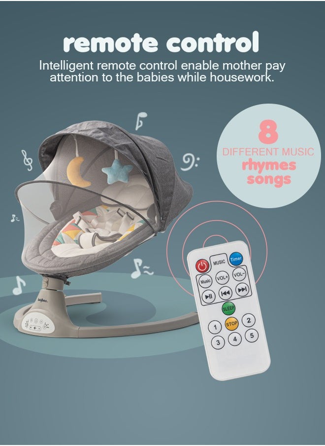 Premium Automatic Electric Baby Swing Chair Cradle for baby With 5 Adjustable Swing Speed Remote Electric Swing with Soothing Vibrations Music Mosquito Net Safety Belt Kids Toys Swing for Babys Grey