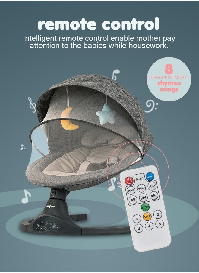 Premium Remote Automatic Electric Baby Swing Chair Cradle  With 5 Adjustable Swing Speed, Soothing Vibrations, Music, Mosquito Net, Safety Belt And Toys, Dark Grey