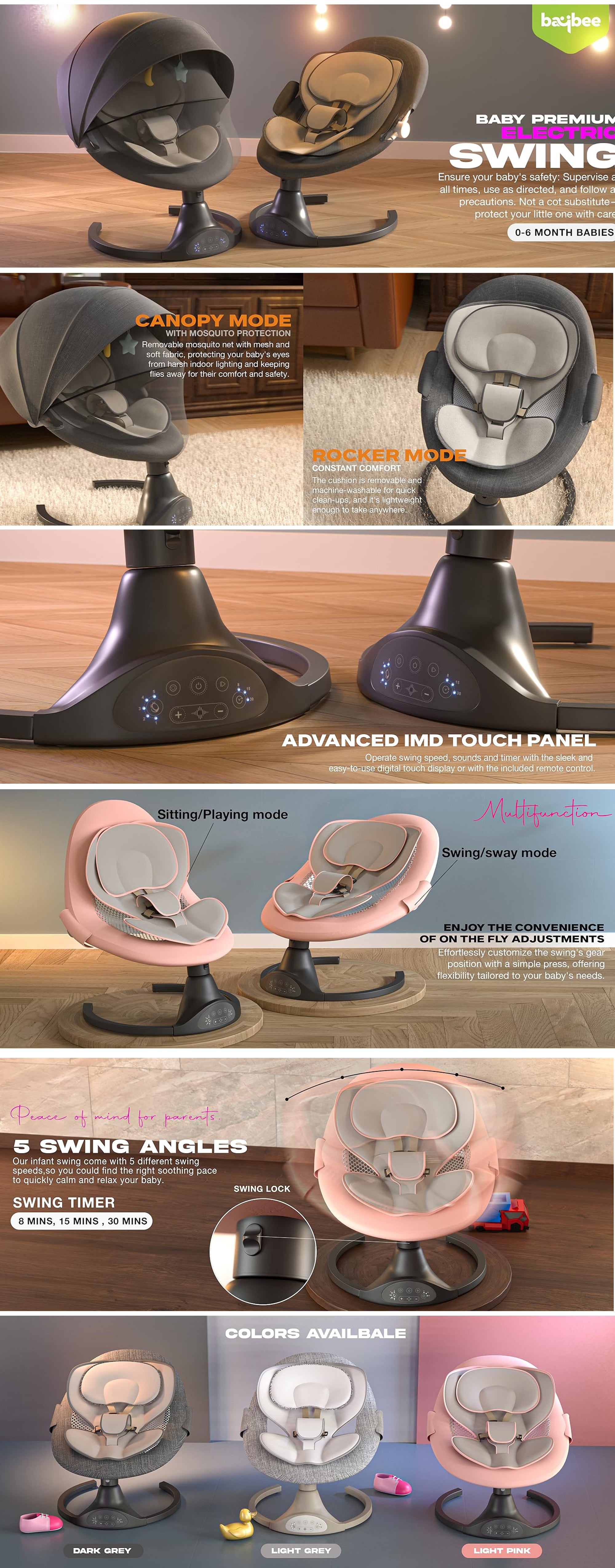 Premium Remote Automatic Electric Baby Swing Chair Cradle  With 5 Adjustable Swing Speed, Soothing Vibrations, Music, Mosquito Net, Safety Belt And Toys, Dark Grey