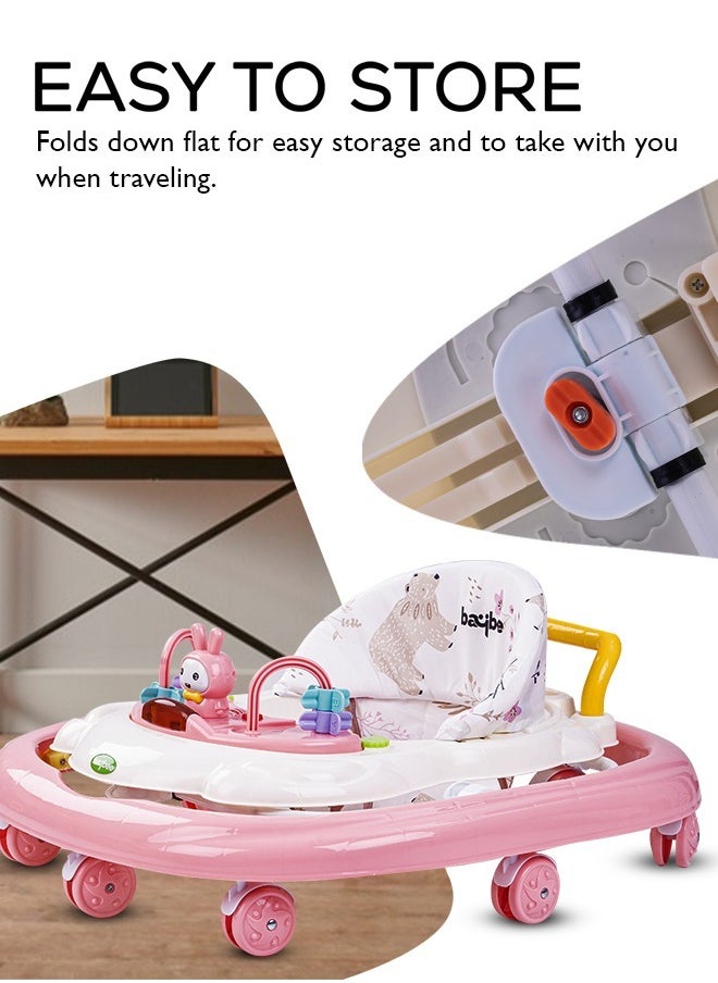 Baybee Zato Baby Walker for Kids, Foldable Kids Walker with 3 Position Adjustable Height & Musical Toy Bar Activity Walker for Toddlers Walker for Baby Boy Girl 6 to 18 Months Pink