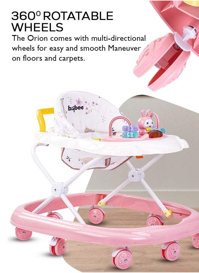 Baybee Zato Baby Walker for Kids, Foldable Kids Walker with 3 Position Adjustable Height & Musical Toy Bar Activity Walker for Toddlers Walker for Baby Boy Girl 6 to 18 Months Pink