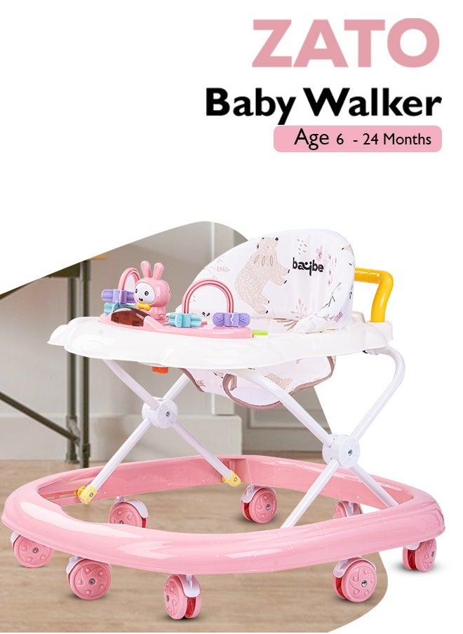 Baybee Zato Baby Walker for Kids, Foldable Kids Walker with 3 Position Adjustable Height & Musical Toy Bar Activity Walker for Toddlers Walker for Baby Boy Girl 6 to 18 Months Pink