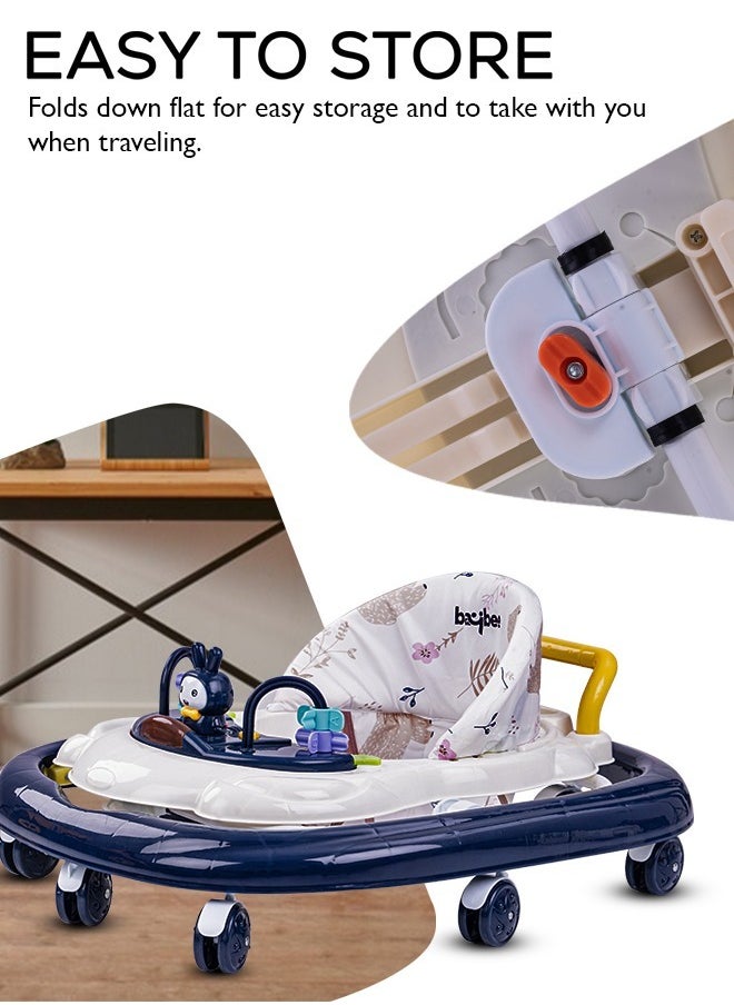 Zato Baby Walker for Kids, Foldable Kids Walker with 3 Position Adjustable Height & Musical Toy Bar Activity Walker for Toddlers Walker for Baby Boy Girl 7 to 18 Months Dark Blue