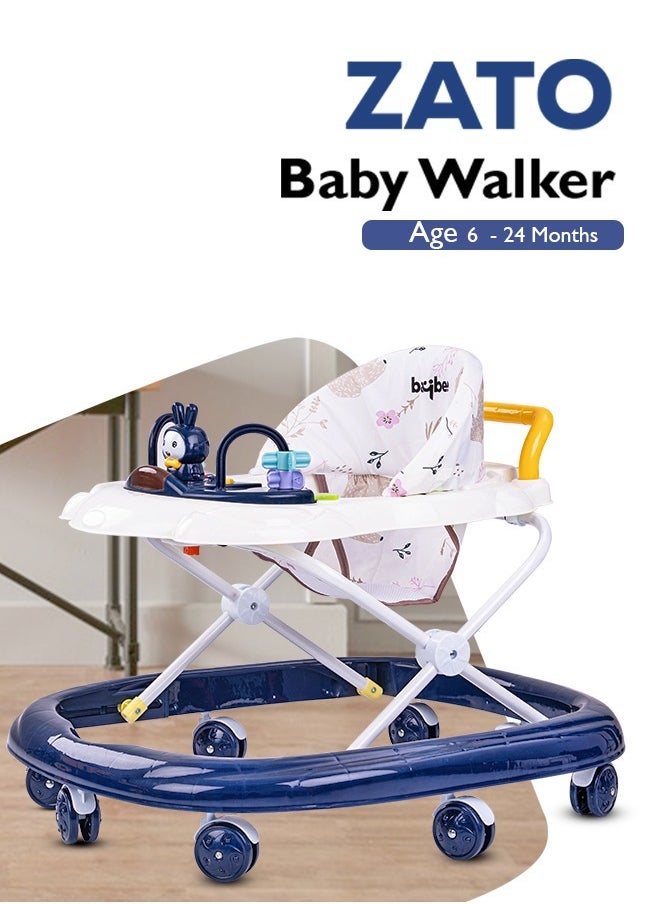 Zato Baby Walker for Kids, Foldable Kids Walker with 3 Position Adjustable Height & Musical Toy Bar Activity Walker for Toddlers Walker for Baby Boy Girl 7 to 18 Months Dark Blue