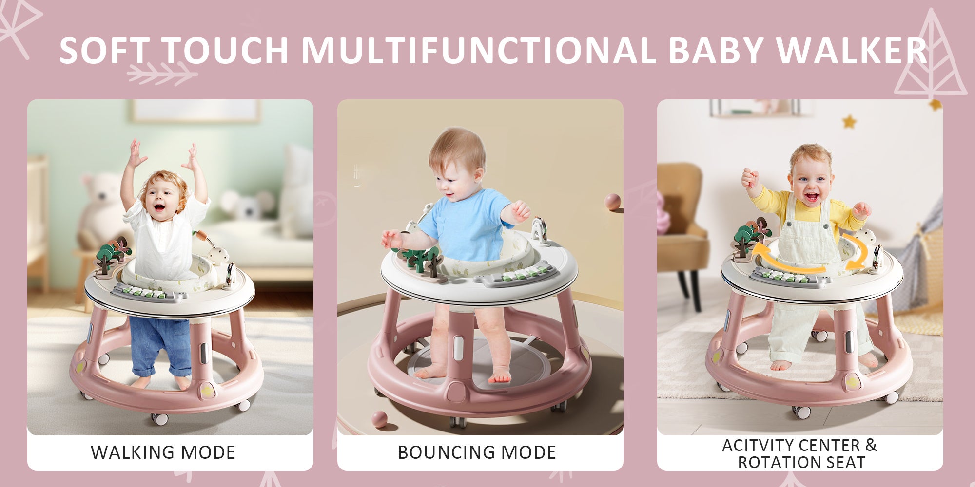 5 In 1 Walker Baby Boy Girl 6 to 24 Months Foldable Baby Walker with Wheels Sit to Stand Baby Activity Center for Toddler Infant with Foot Pads Baby Standing Walker with Bouncer Learning Stroller Mode
