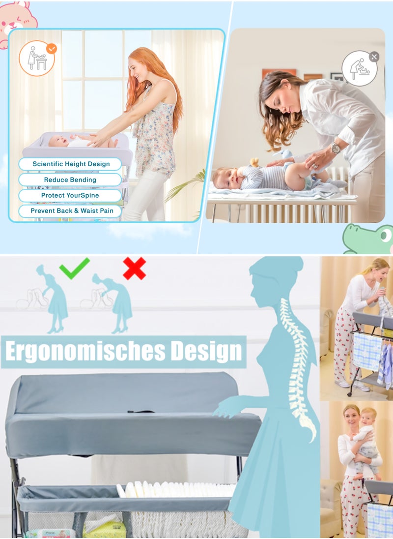 Foldable Baby Changing Table with Wheels, Adjustable Heights, Waterproof Oxford Cloth, Portable Nursery Organizer with Storage Rack – Durable, Space-Saving Diaper Changing Station for Newborns and Infants, Multi-Functional, Sturdy Frame, Adjustable Height, Easy to Clean, Lockable Wheels, Baby Massage Table, Safe & Comfortable Changing Surface
